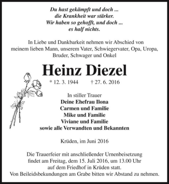 Traueranzeige von Heinz Diezel  von Magdeburger Volksstimme
