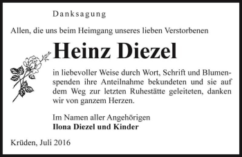 Traueranzeige von Heinz Diezel  von Magdeburger Volksstimme