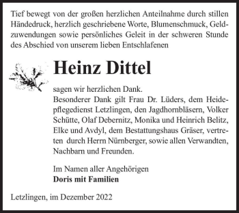 Traueranzeige von Heinz Dittel  von Magdeburger Volksstimme