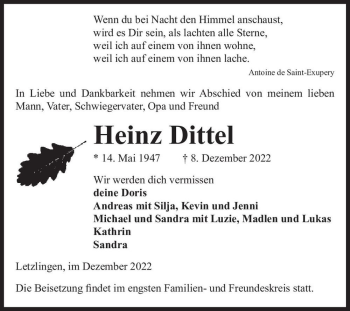 Traueranzeige von Heinz Dittel  von Magdeburger Volksstimme