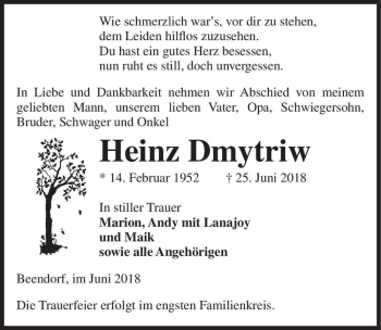 Traueranzeige von Heinz Dmytriw  von Magdeburger Volksstimme