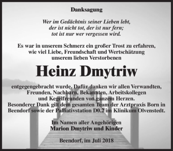 Traueranzeige von Heinz Dmytriw  von Magdeburger Volksstimme