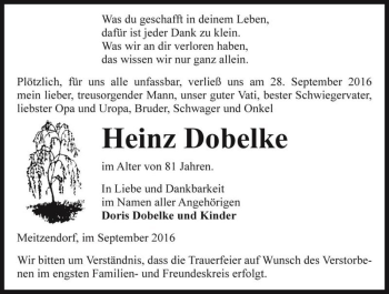 Traueranzeige von Heinz Dobelke  von Magdeburger Volksstimme