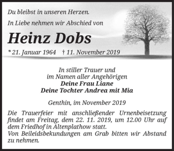 Traueranzeige von Heinz Dobs  von Magdeburger Volksstimme