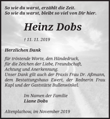 Traueranzeige von Heinz Dobs  von Magdeburger Volksstimme
