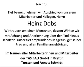 Traueranzeige von Heinz Dobs  von Magdeburger Volksstimme