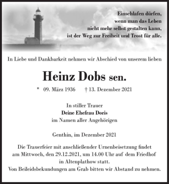 Traueranzeige von Heinz Dobs sen.  von Magdeburger Volksstimme