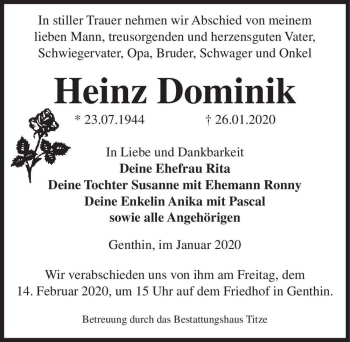 Traueranzeige von Heinz Dominik  von Magdeburger Volksstimme