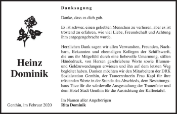 Traueranzeige von Heinz Dominik  von Magdeburger Volksstimme