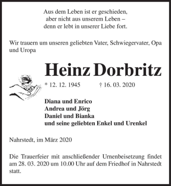 Traueranzeige von Heinz Dorbritz  von Magdeburger Volksstimme