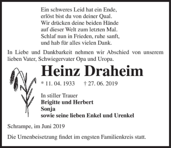 Traueranzeige von Heinz Draheim  von Magdeburger Volksstimme