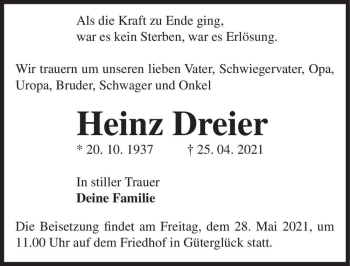 Traueranzeige von Heinz Dreier  von Magdeburger Volksstimme