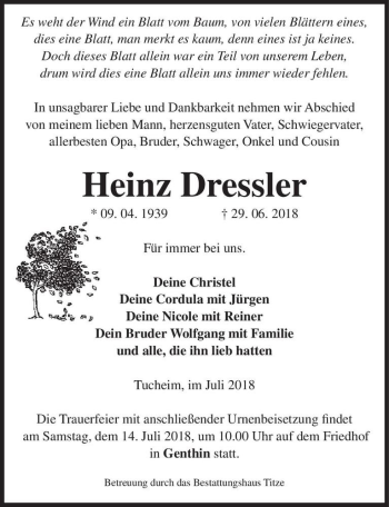 Traueranzeige von Heinz Dressler  von Magdeburger Volksstimme