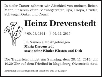 Traueranzeige von Heinz Drevenstedt  von Magdeburger Volksstimme