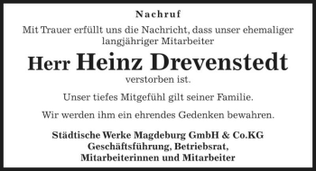 Traueranzeige von Heinz Drevenstedt  von Magdeburger Volksstimme