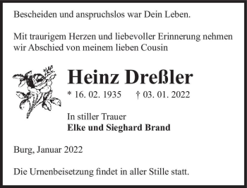 Traueranzeige von Heinz Dreßler  von Magdeburger Volksstimme