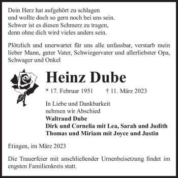 Traueranzeige von Heinz Dube  von Magdeburger Volksstimme