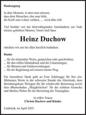 Traueranzeige von Heinz Duchow  von Magdeburger Volksstimme