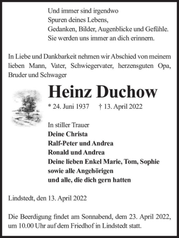 Traueranzeige von Heinz Duchow  von Magdeburger Volksstimme