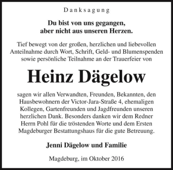 Traueranzeige von Heinz Dägelow  von Magdeburger Volksstimme
