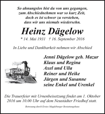 Traueranzeige von Heinz Dägelow  von Magdeburger Volksstimme