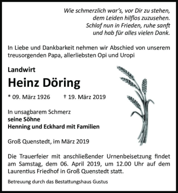 Traueranzeige von Heinz Döring  von Magdeburger Volksstimme