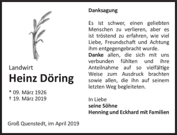 Traueranzeige von Heinz Döring  von Magdeburger Volksstimme