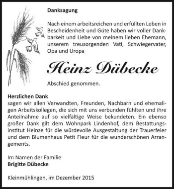 Traueranzeige von Heinz Dübecke  von Magdeburger Volksstimme