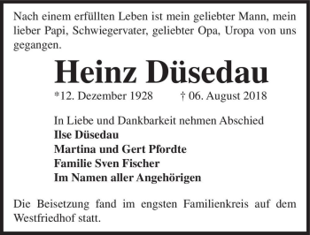 Traueranzeige von Heinz Düsedau  von Magdeburger Volksstimme