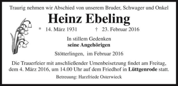 Traueranzeige von Heinz Ebeling  von Magdeburger Volksstimme