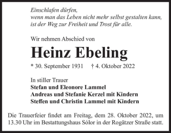 Traueranzeige von Heinz Ebeling  von Magdeburger Volksstimme