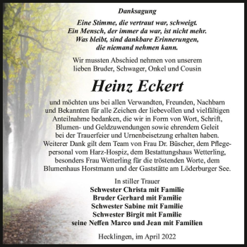 Traueranzeige von Heinz Eckert  von Magdeburger Volksstimme
