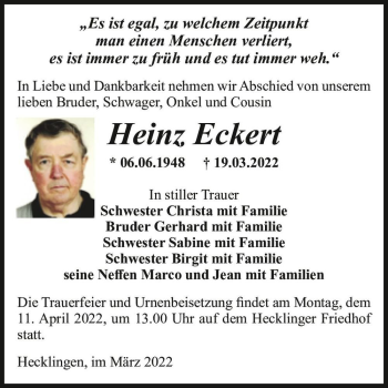 Traueranzeige von Heinz Eckert  von Magdeburger Volksstimme