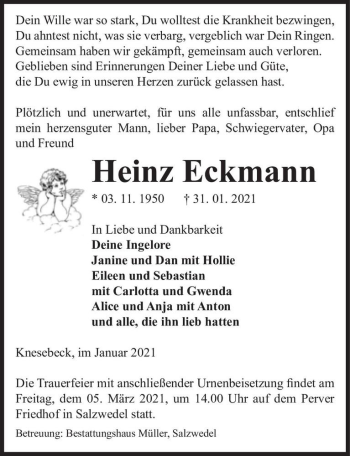 Traueranzeige von Heinz Eckmann  von Magdeburger Volksstimme