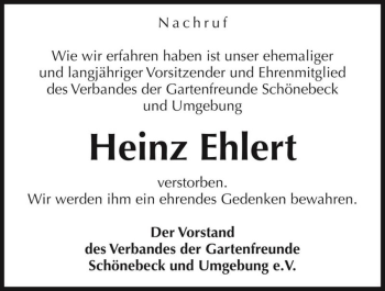 Traueranzeige von Heinz Ehlert  von Magdeburger Volksstimme