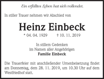 Traueranzeige von Heinz Einbeck  von Magdeburger Volksstimme
