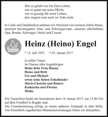 Traueranzeige von Heinz Engel  von Magdeburger Volksstimme