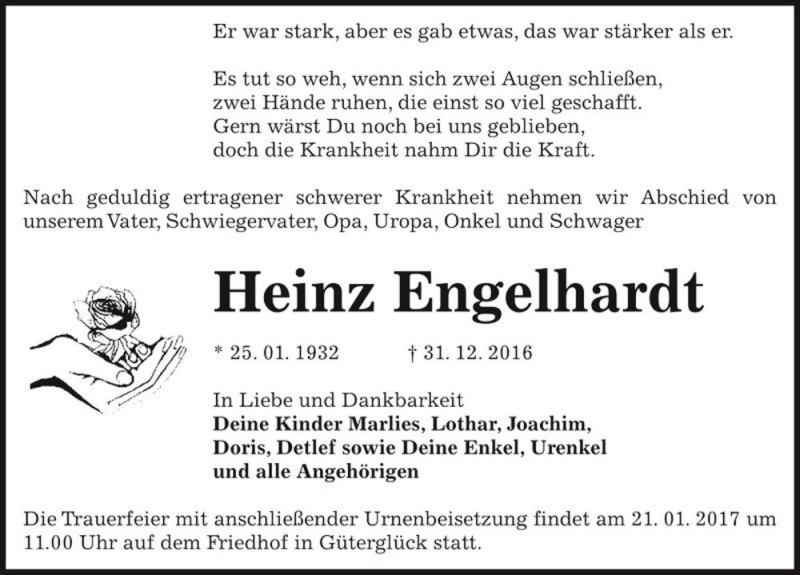  Traueranzeige für Heinz Engelhardt  vom 07.01.2017 aus Magdeburger Volksstimme
