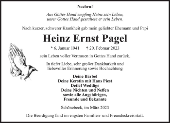 Traueranzeige von Heinz Ernst Pagel  von Magdeburger Volksstimme