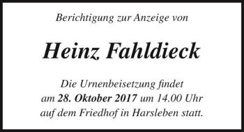 Traueranzeige von Heinz Fahldieck  von Magdeburger Volksstimme