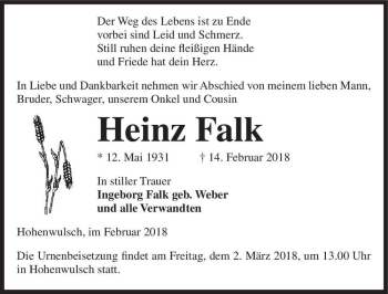 Traueranzeige von Heinz Falk  von Magdeburger Volksstimme