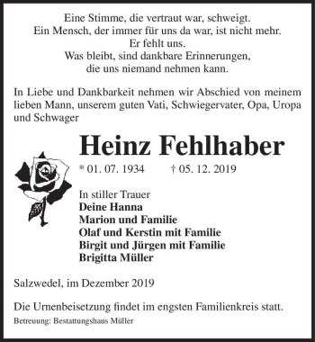 Traueranzeige von Heinz Fehlhaber  von Magdeburger Volksstimme