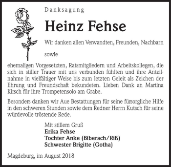 Traueranzeige von Heinz Fehse  von Magdeburger Volksstimme