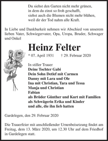 Traueranzeige von Heinz Felter  von Magdeburger Volksstimme