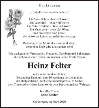 Traueranzeige von Heinz Felter  von Magdeburger Volksstimme
