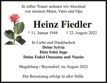 Traueranzeige von Heinz Fiedler  von Magdeburger Volksstimme