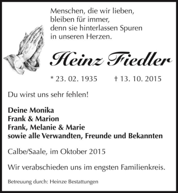 Traueranzeige von Heinz Fiedler  von Magdeburger Volksstimme