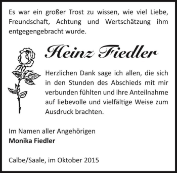 Traueranzeige von Heinz Fiedler  von Magdeburger Volksstimme