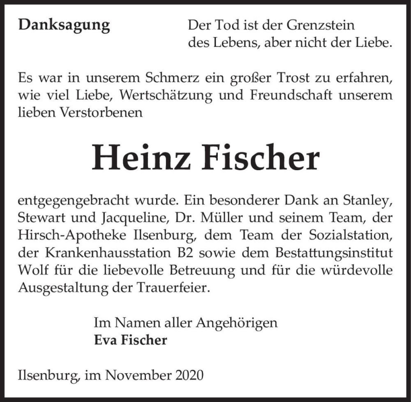  Traueranzeige für Heinz Fischer  vom 11.11.2020 aus Magdeburger Volksstimme