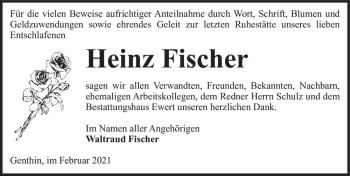 Traueranzeige von Heinz Fischer  von Magdeburger Volksstimme
